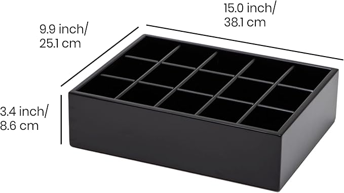 GOBAM Bamboo Closet Drawer Organizer, 15 Compartments - Drawer Divider & Storage Box for Ties, Bras, Briefs, Socks & Jewelry - Storage Organizer for Dressing Room & Bedroom - Black