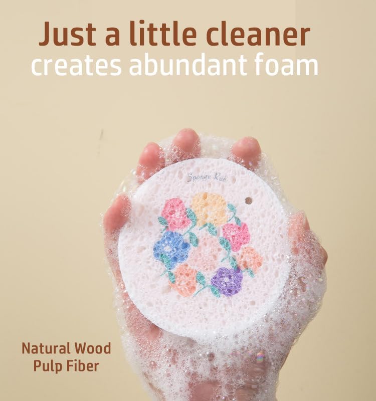 Flower-Shaped Wood Pulp Sponge Scrubber, sponges Kitchen– Dual-Sided Natural Dish Sponge,sponges for Dishes, Eco-Friendly, Quick-Drying, Gentle on Non-Stick Pans (9.3×1.8cm) (12pcs)