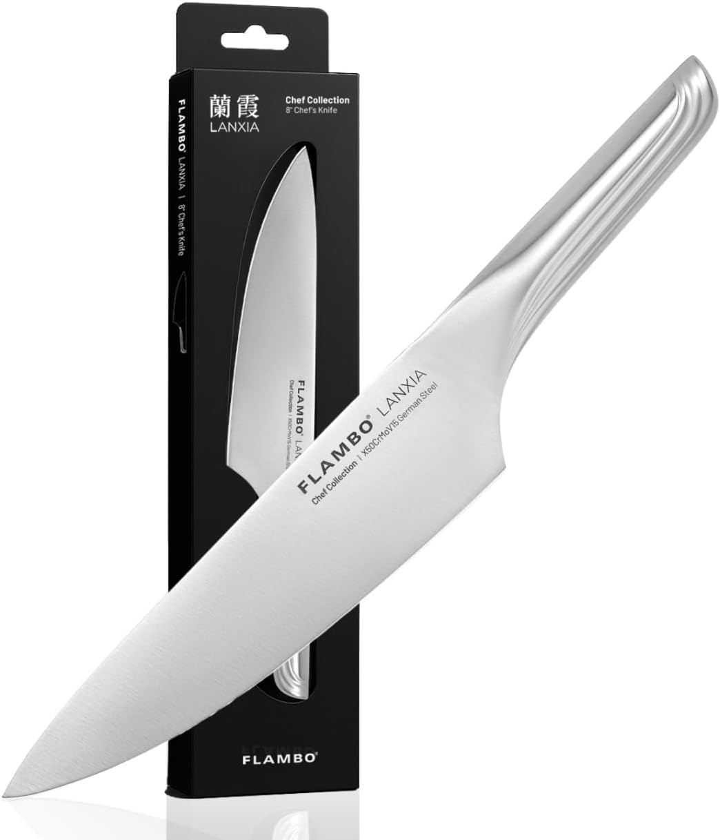 Flambo 8 Inch Chef Knife - Premium German Steel Kitchen Knives with Precision 15° Edge, Easy to Hold Ergonomic All-Metal Handle, Lightweight, Balanced, Easy to Clean Kitchen Knife