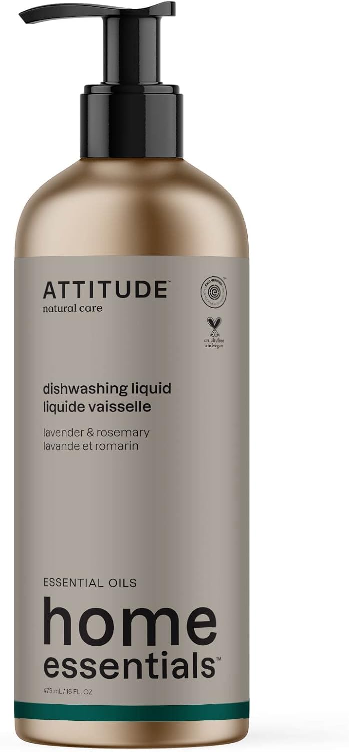 ATTITUDE Dish Soap, EWG Verified, Plant and Mineral-Based Ingredients, Vegan and Cruelty-free Household Products, Lavender and Rosemary, 16 Fl Oz