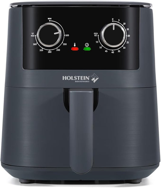 Holstein Housewares 4.4QT Air Fryer. Your All-in-One Culinary Solution. Air fry, roast, bake or grill. Adjustable temperature and time, Hot air technology and Dishwasher Safe, 1400W, Grey