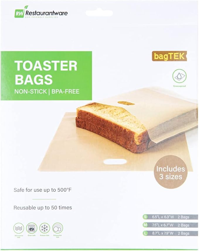 Bag Tek Toaster Bag Set, 6 Non-Stick Toaster Sandwich Bag Set - Multipurpose, Kraft Plastic Toaster Sleeve Set, Semi-Disposable, Includes 3 Sizes - Restaurantware