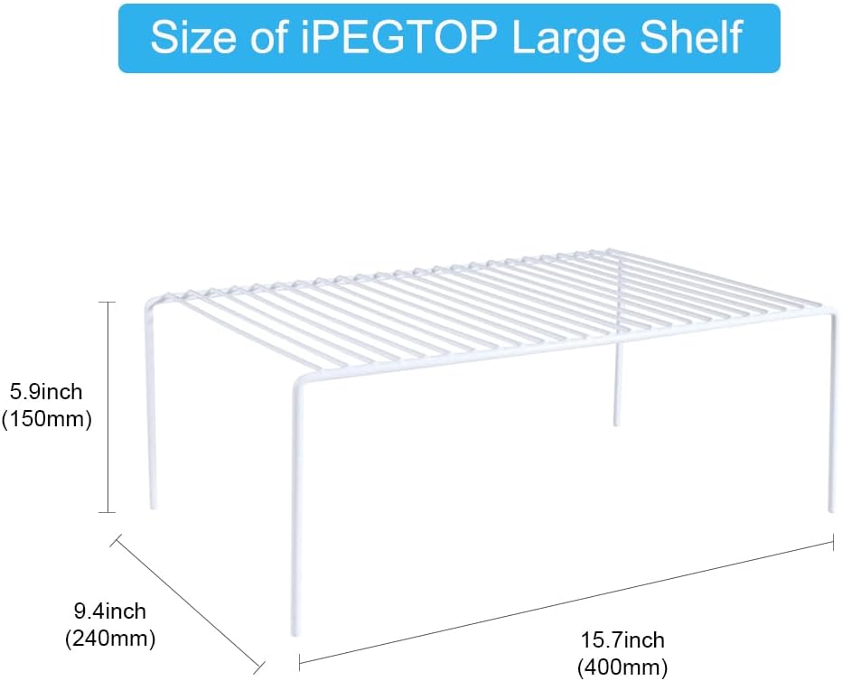 iPEGTOP Set of 6 Large (15.7 x 9.4 Inch) Kitchen Cabinet Organizer Shelf, Wire Freezer Storage Shelves Rack, Rustproof Steel Metal Shelf Riser for Dish Plates Pantry Cupboard Organization, White