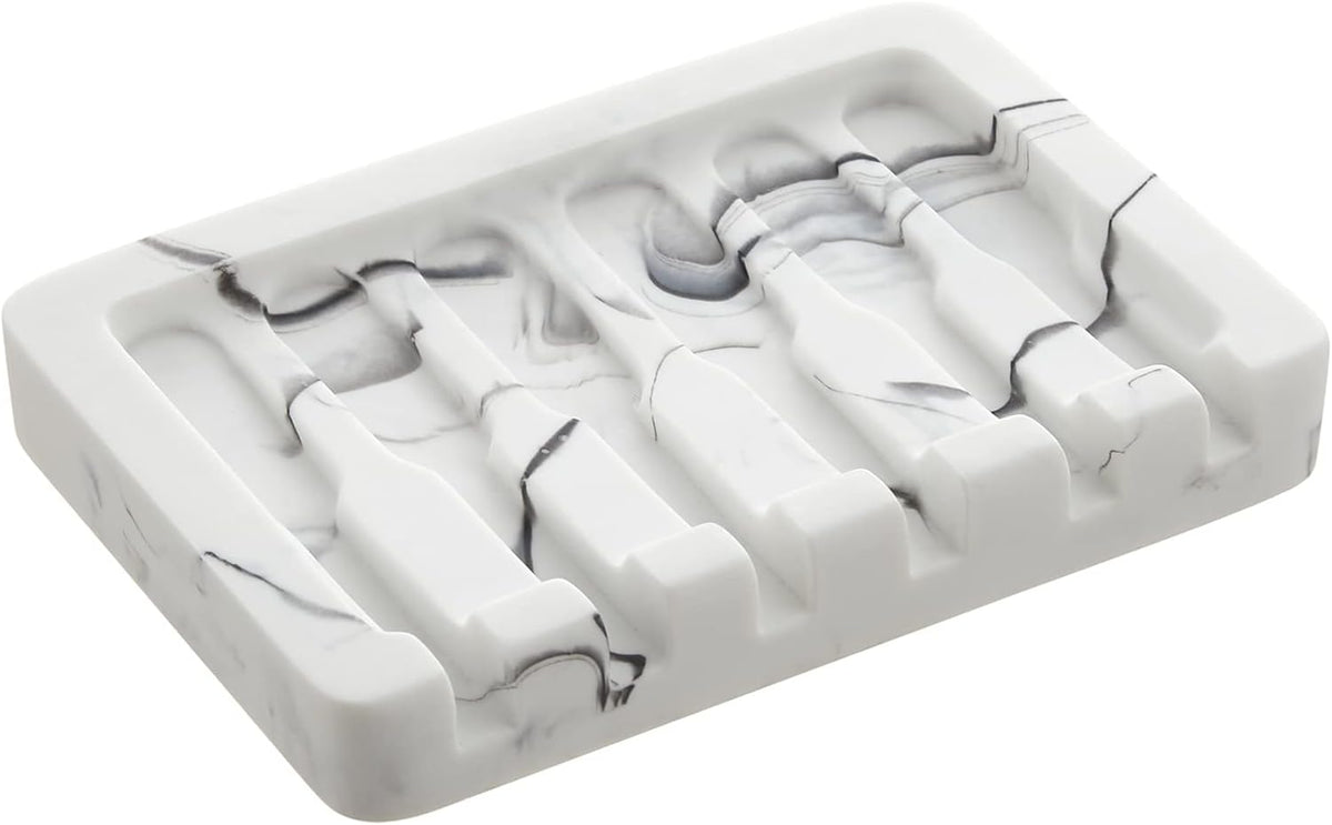 Self Draining Soap Dish - Marble Look Soap Holder Tray Savers Box Container Sponge Holder for Bathroom Shower Kitchen, White