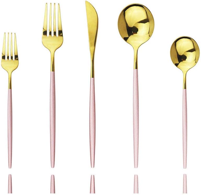 Pink Gold Silverware Set, JASHII 20-Piece Stainless Steel Satin Finish Flatware Set, Kitchen Utensil Set, Mirror Polished Tableware Cutlery Set for Home and Restaurant, Dishwasher Safe