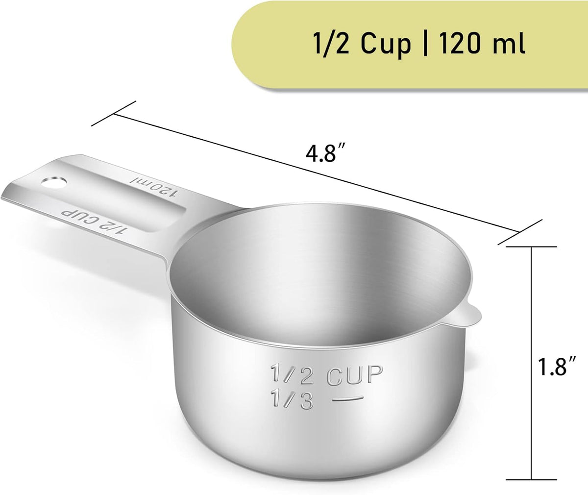 2PCS 1/2Cup (120ml, 4oz) Single Measuring Cup, Stainless Steel Measure Scoop, Metric and US Measurement, Dishwasher Safe