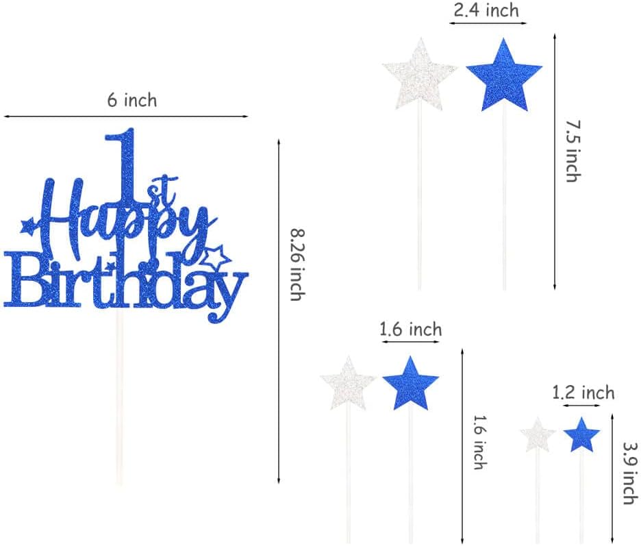 Glittery 1st Happy Birthday Cake Topper with Star,Personalised 1 Birthday Cake Toppers Party Decorations Party Supplies for Baby Boys Girls Blue