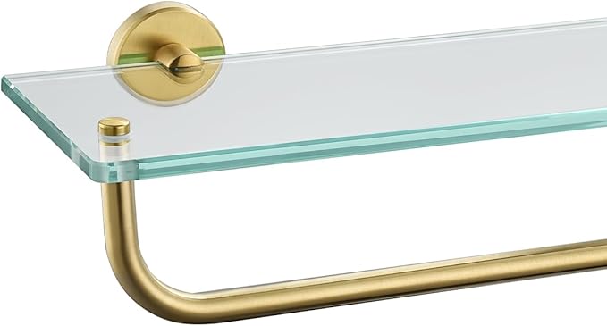 JQK Bathroom Glass Shelf, Shelf with 16 Inch Towel Bar Tempered Glass Shower Storage 16 by 5 inches, 304 Stainless Steel Brushed Gold Wall Mount, TGS100-BG
