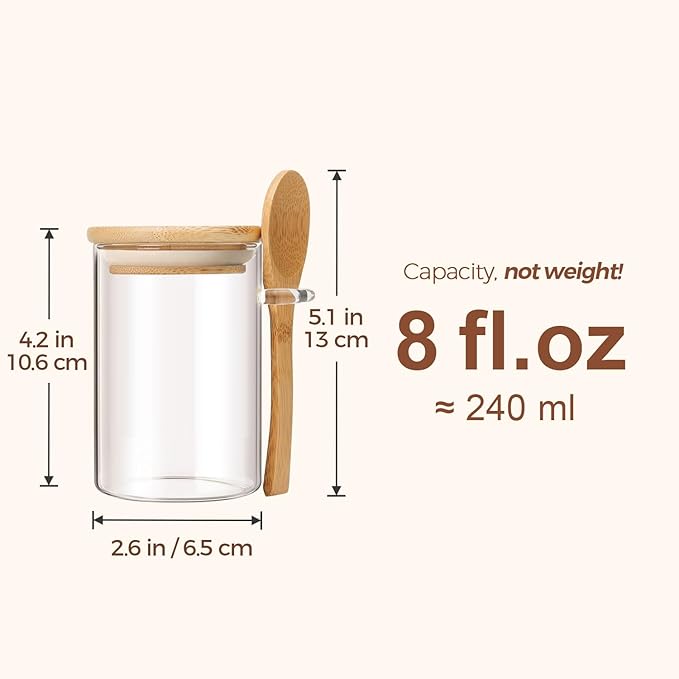 ComSaf Spice Jars with Spoon 8 oz 6Pack, Small Spice Containers Starter Set, Glass Seasoning Jars with Labels, Round Seasoning Containers for Salt, Pepper, Chili Powder, Sugar, Loose Tea Storage