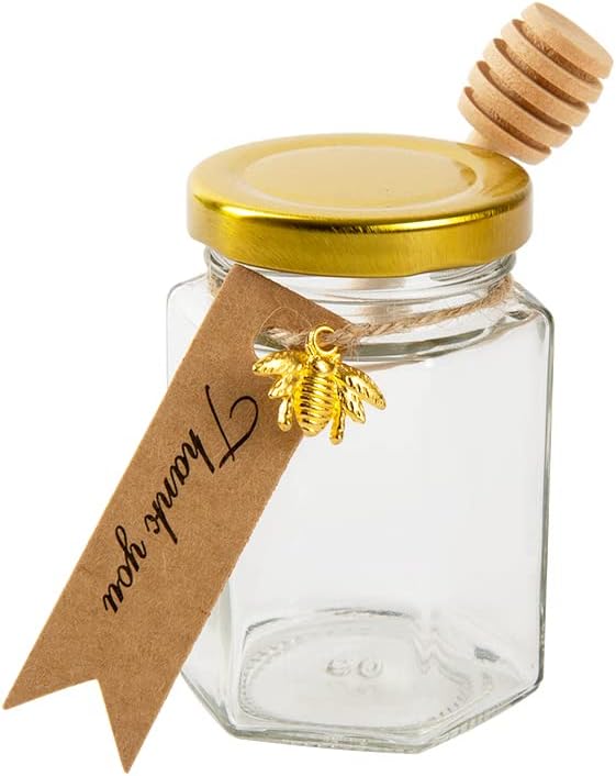 12 Pack 4oz Glass Hexagon Honey Jars Golden Lids - Extra Wooden Honey Dipper Sticks, Bee Charms, Tag String, Thank You Gift Tags, Wedding Favors Gifts, Baby Shower Party Canning Jar(Golden)