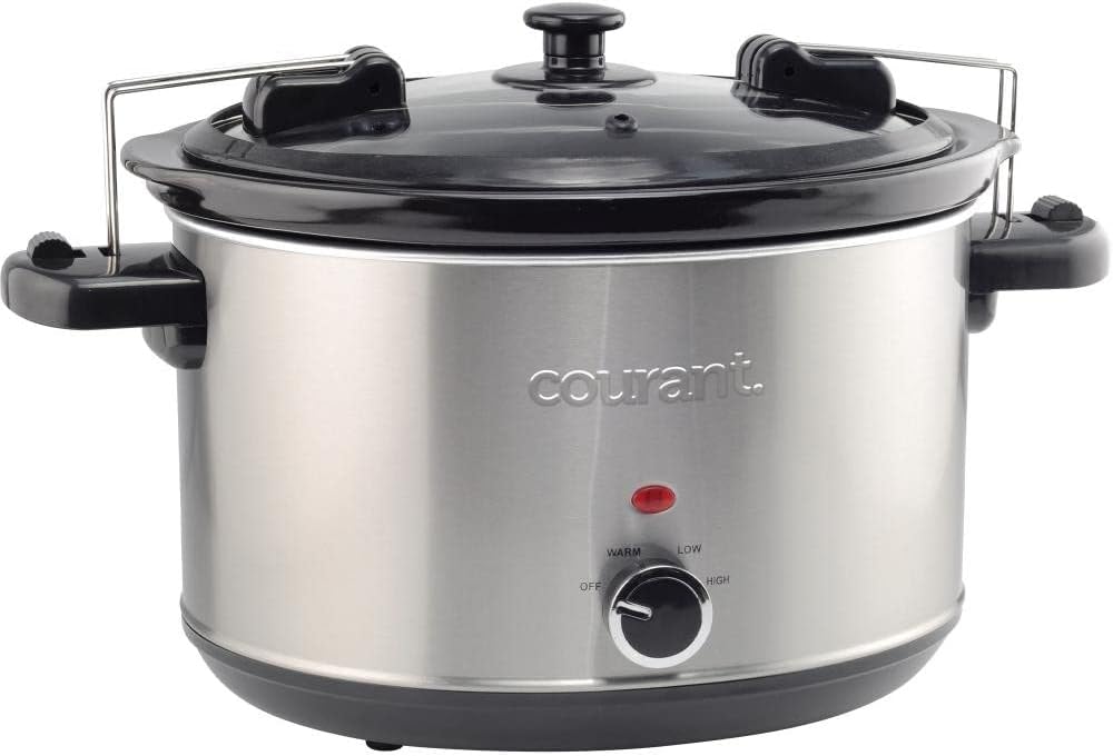 Courant 6-Quart Slow Cooker with Locking Lid, Warm Settings, Stainproof Stoneware Pots and Glass Lids – Stainless Steel