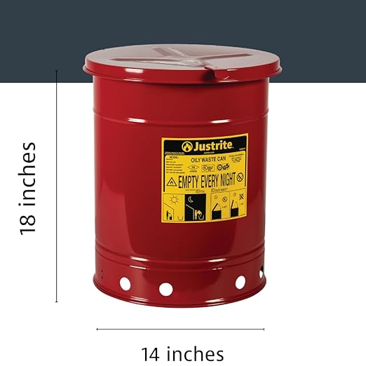 Justrite 10 Gallon Galvanized Steel Oily Waste Can, 18" x 14" Metal Oil Rag Safety Can with Hand Operated Self-Closing Lid for Oil Rag Disposal, Made in The USA, Red, 09310
