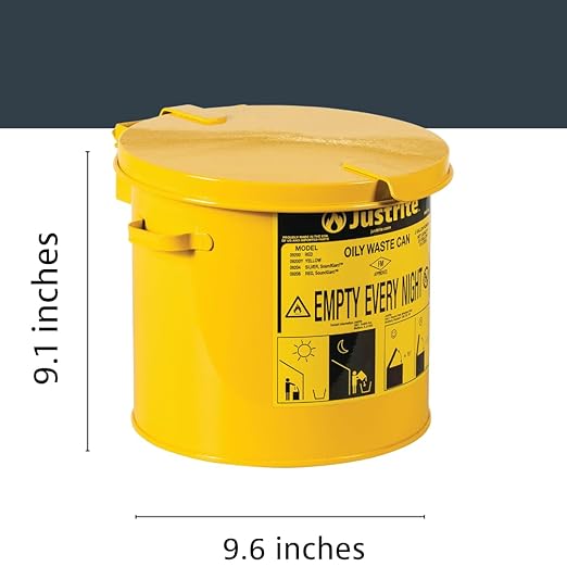Justrite 2 Gallon Galvanized Steel Countertop Oily Waste Can, 9" x 9.6" Metal Oil Rag Safety Can with Hand Operated Self-Closing Lid for Oil Rag Disposal, Made in The USA, Yellow, 09200Y