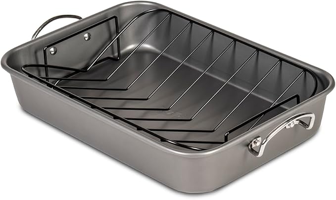 Glad Roasting Pan Nonstick 11x15 - Heavy Duty Metal Bakeware Dish with Rack - Large Oven Roaster Tray for Baking Turkey, Chicken, and Veggies