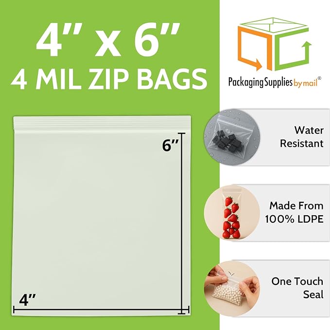 PSBM 1000 Count 4 Mil 4 Inch x 6 Inch, White Block Reclosable Poly Bags, With Write-On Block, Clear Zip Plastic Bag, Lock Seal Zipper For Packing, Storing, Organizing & Shipping Products