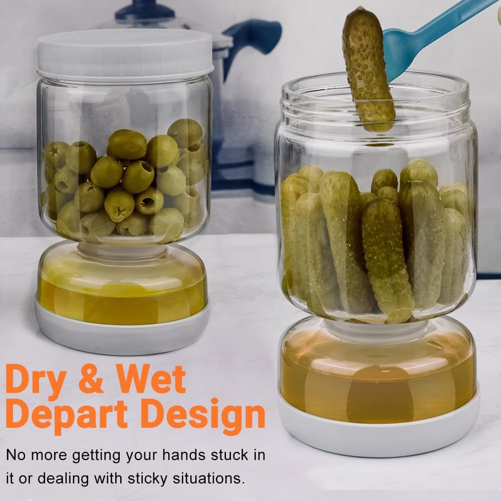 Pickle and Olive Hourglass Jar with Strainer Flip for Pickle Juice Separator from Wet and Dry, Upgrade Food-grade ABS Lid and BPA Free Hourglass Jar for Airtight Storage
