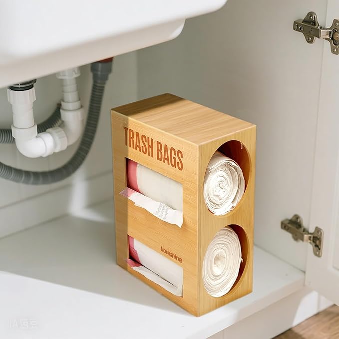 Dual Roll Bamboo Trash Bag Dispenser & Grocery Bag Holder, 2-Compartment Organizer for 13–33 Gallon Rolls (Fits Up to 5.2”Dia), Wall Mount or Under Sink, Stackable Storage