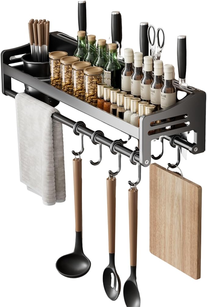 utensil hanger, wall mounted kitchen rail with hooks, waterproof hooks for kitchen utensils, easy installation without drilling (19.7 inches, Cup, 1)