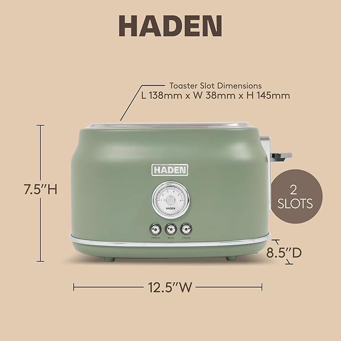 Haden Dorset 2 Slice Wide Slot Stainless Steel Toaster with Adjustable Browning Control & Non Slip Feet, Cedar Green & Chrome
