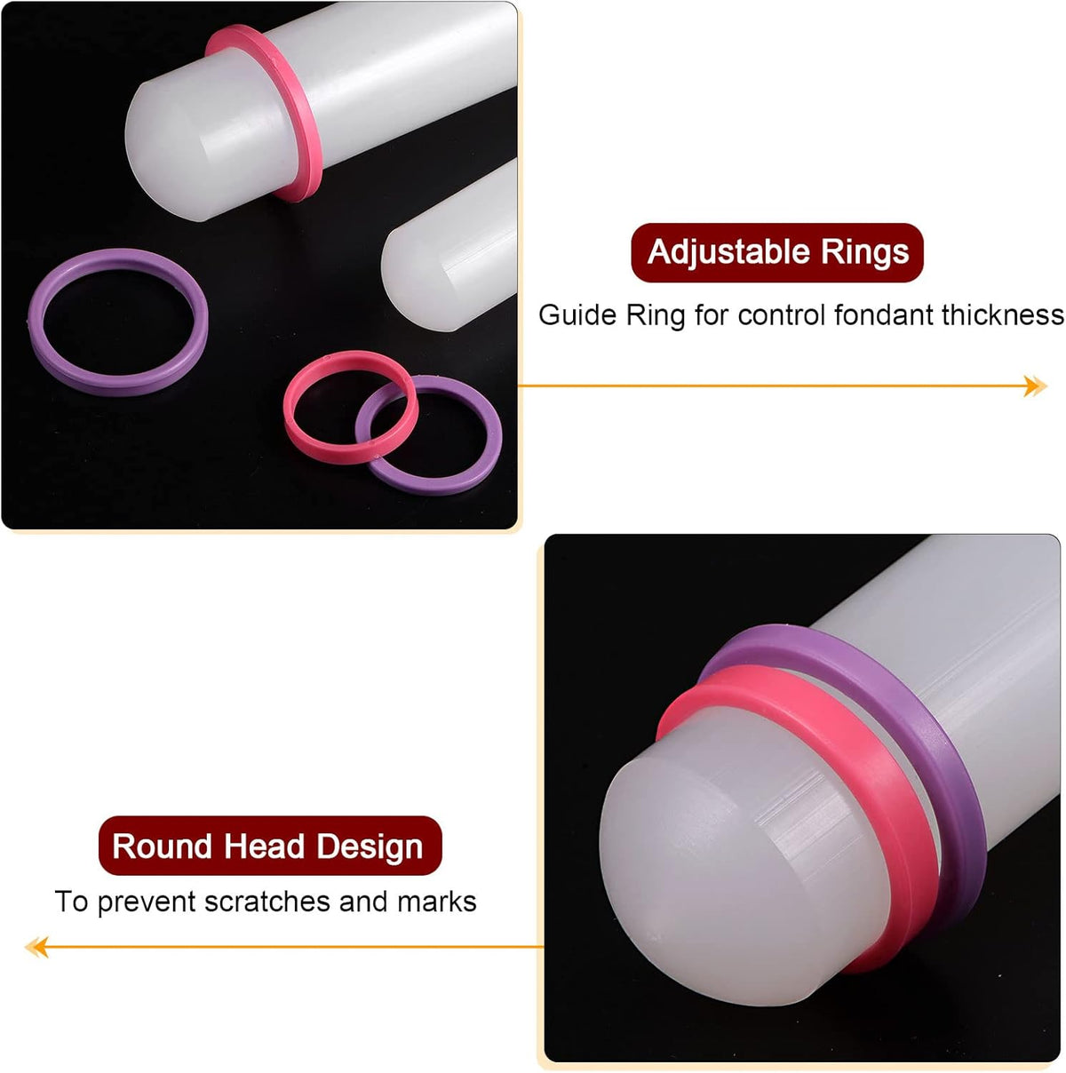 HARFINGTON 2pcs Fondant Rolling Pin with Rings PP 30cm x 2.5cm Non Stick for Baking White