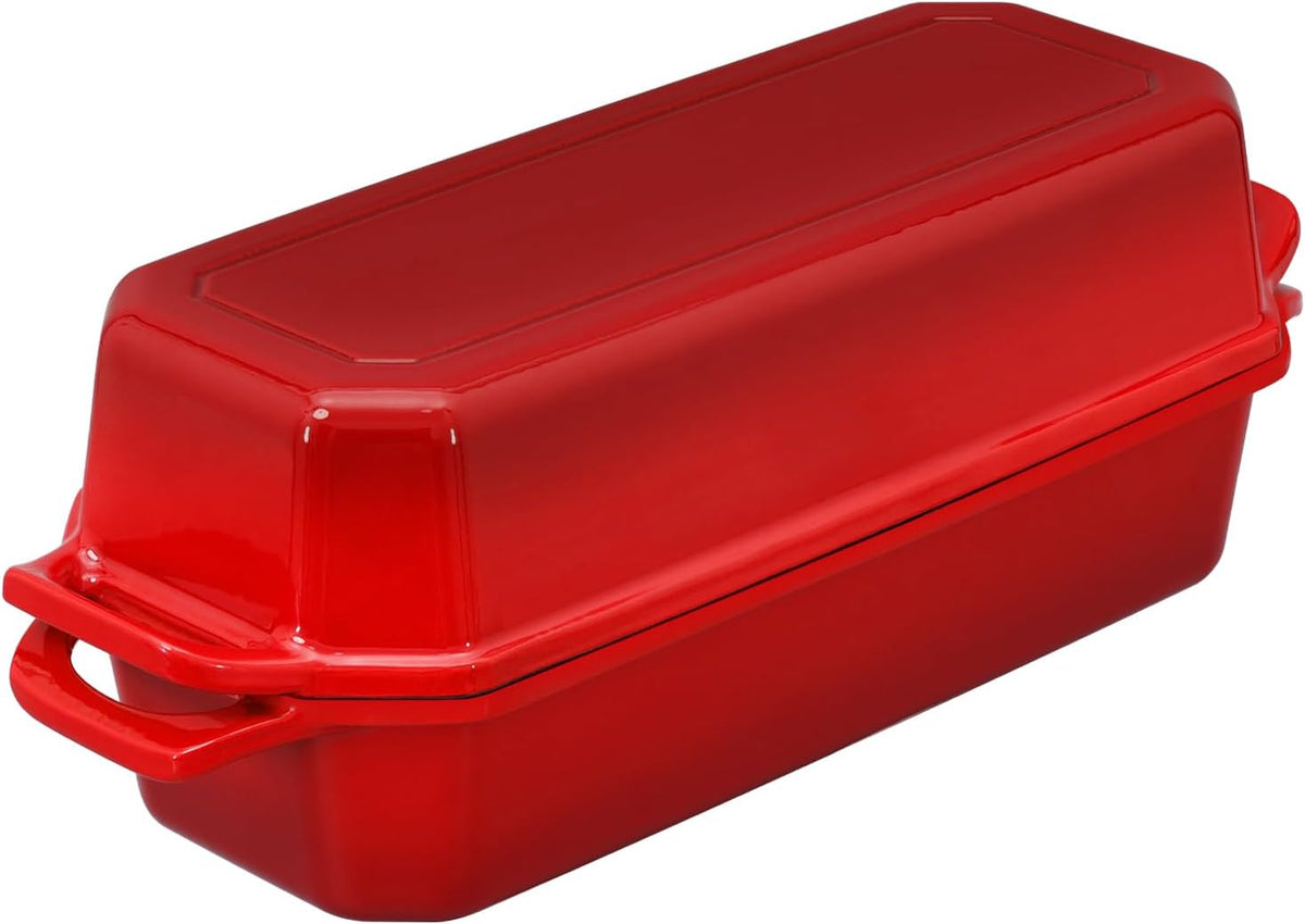 Bread Pan Cast Iron Loaf Pan with Lid Bread Loaf Pan 13x5 Inch Enameled Cast Iron Sourdough Bread Pan,Red