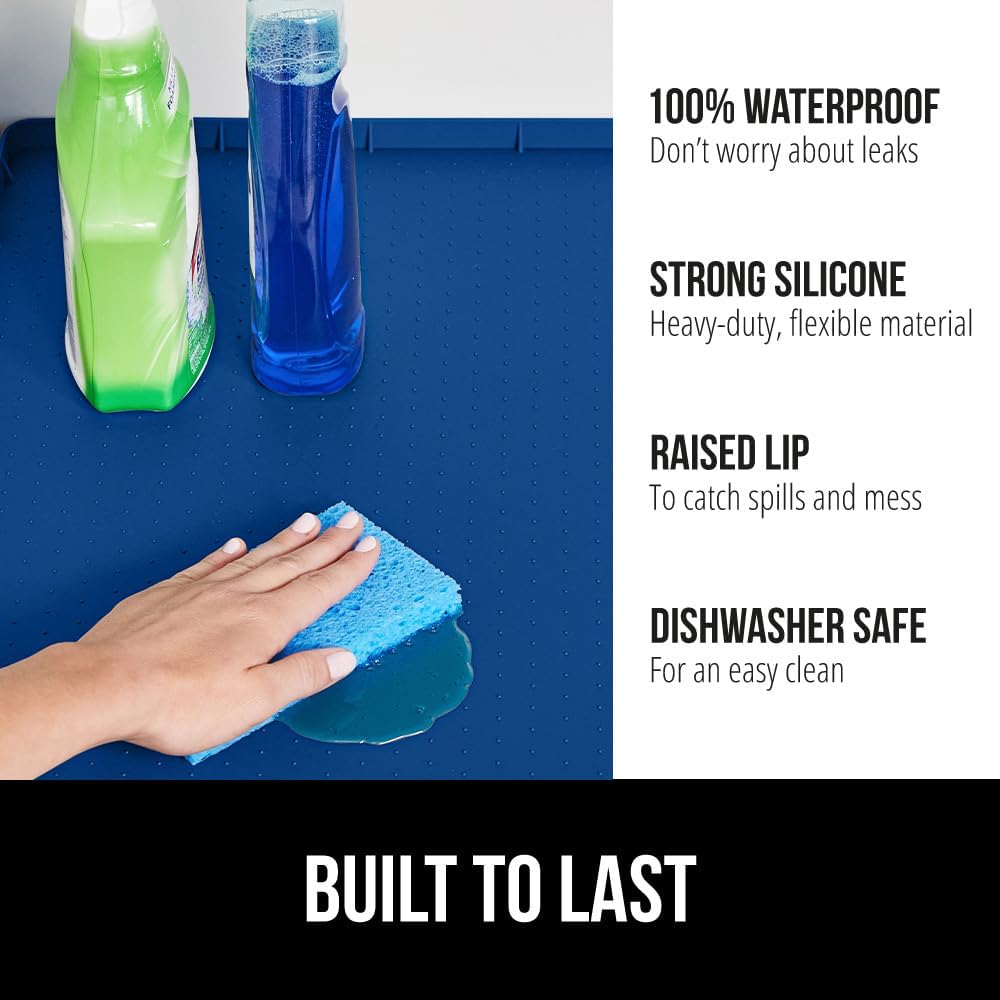 GORILLA GRIP Waterproof Silicone Under Sink Mat with Raised Lip for Kitchen and Bathroom, 46 x 22 in, Cabinet Shelf Liner Stay in Place Mats Dishwasher Safe Drawer Liner, Organizer Tray, Blue