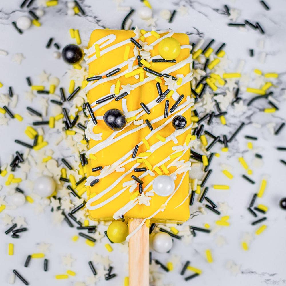 Bumble Bee Sprinkles for Cake Decorating and Baking Cookies, Cupcakes - Edible Batman Sprinkles and Bee Cake Decorations in Yellow Black White Jimmies, Nonpareils, Sugar Crystal, and Pearl Sprinkles