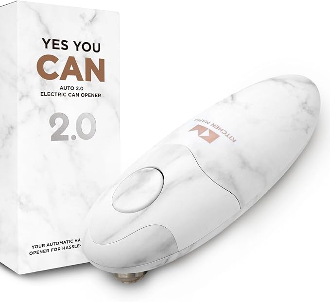 Kitchen Mama Auto 2.0 Electric Can Opener: Blade Opens Almost Any Can Pop or Soda Can - Automatic, Hands Free, Safe, Smooth Edge, Lid Remover, Battery Operated, Cordless, YES YOU CAN (Marble White)