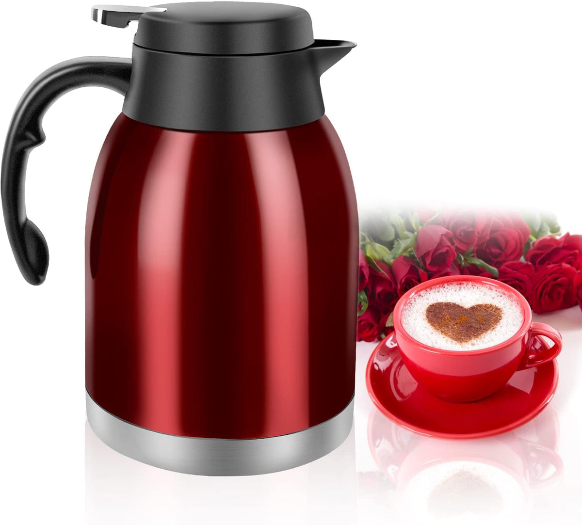 54oz Thermal Coffee Carafe, Stainless Steel Insulated Thermal, Double Wall Vacuum Flask, Small Coffee Carafe for Keeping Hot or Cold Drinks, Coffee, Tea (Bright Red)