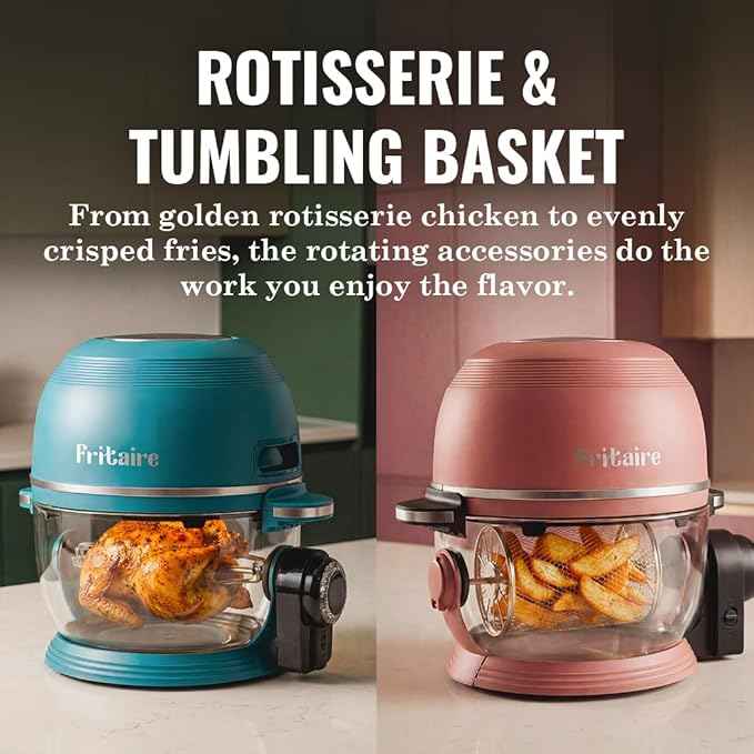 Non Toxic Air Fryer™ Pro | 9-in-1 Glass Air Fryer | Self-Cleaning | 5 Quart | Rotisserie and Tumbler | 400F Vortex For Even Cooking, BPA-Free Teflon Free, Recrisp, Roast, Bake, Mauve Rose