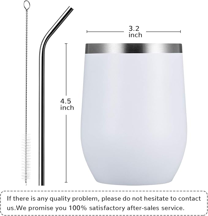 MEWAY Stemless 12 OZ Wine Tumbler Glasses with Lid -Insulated Double Wall Vacuum Stainless Steel Travel Tumbler with Straw,for Woman Under 10 dollars (White,1)