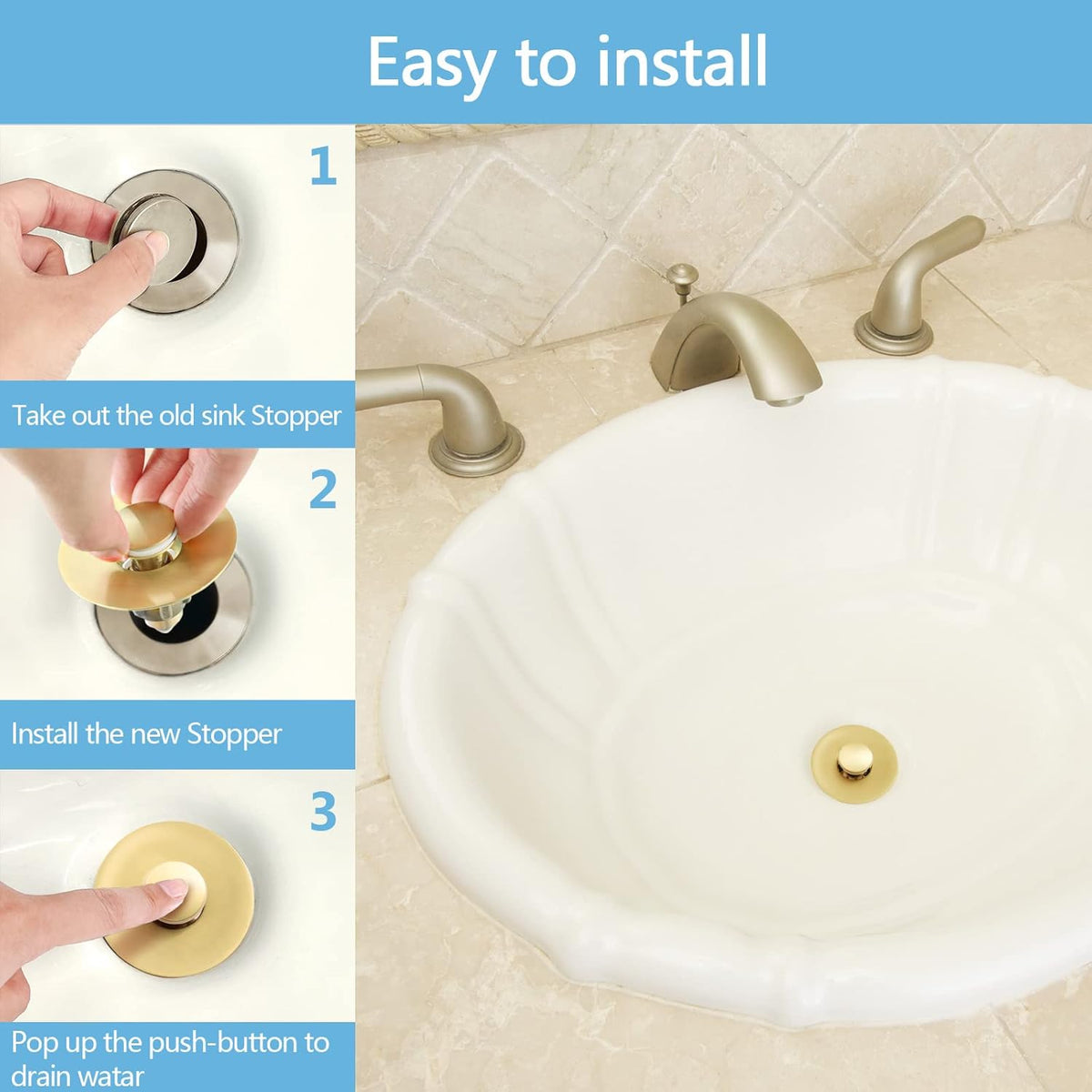Gold Bathroom Sink Stopper，Pop Up Drain Stopper for Bathroom Sink，‎2-in-1 Sink Stopper & Strainer,Universal Wash Basin Sink Stopper，Suitable for 1.1"~1.5" Bathroom Sink Drain Pipe（Gold Matte Brushed）