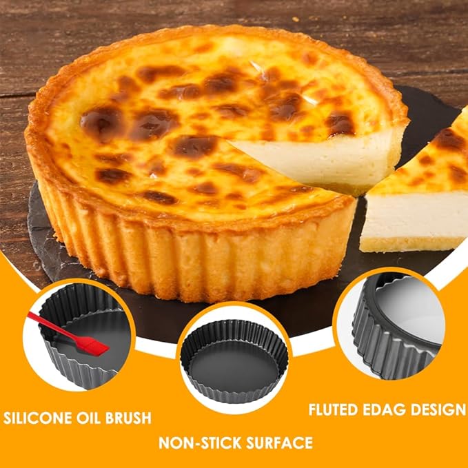 2 Pack 9.5 Inch Tart Pan Pie Pan, Heavy Duty Deep Quiche Pan with Removable Bottom, Nonstick Carbon Steel Deep-dish Round Pie Plate Tin with Oil & Dish Brush