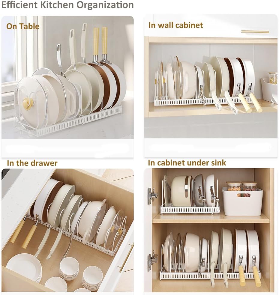 Expandable Pots and Pans Organizer Rack, Pot Lid Kitchen Cabinet Organizer Holder with 10 Adjustable Compartment, Cookware Rack for Kitchen Cabinet Storage, White
