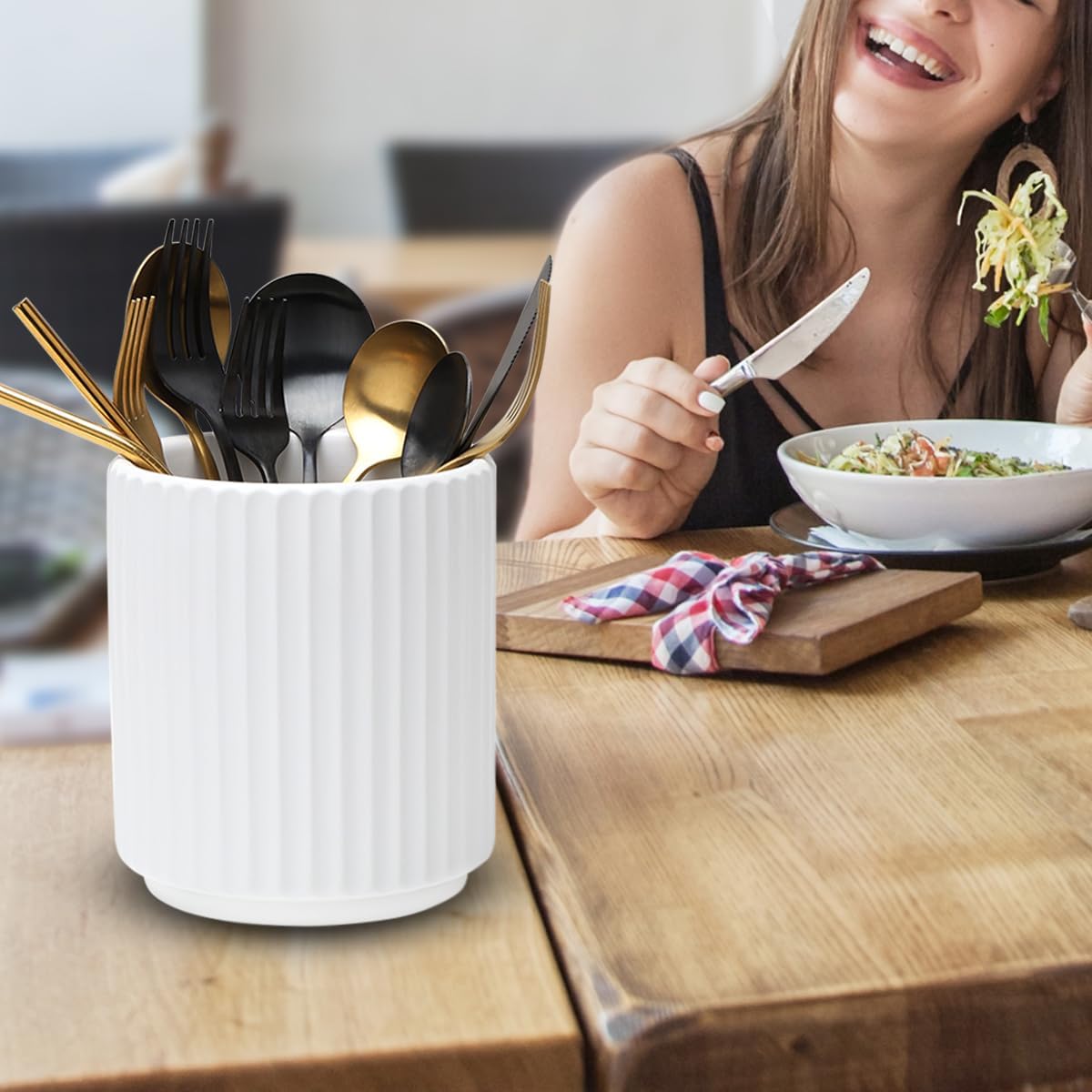 Black Utensil Holder (H5.51” x W4.92”), Ceramic Utensil Crock, Cooking Spoon Holder for Kitchen, Spatula Holder for Counter, Includes Silicone Drying Mat, Black