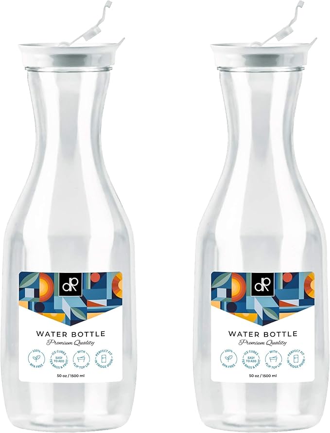 DecorRack 2 Large Water Carafes, Bottles with Flip Top Lid, 50 Oz Each, BPA-Free Plastic Juice Pitcher, Decanter, Jug, Serve Fridge Cold Iced Tea, for Outdoors, Picnic, Parties, NOT DISHWASHER SAFE