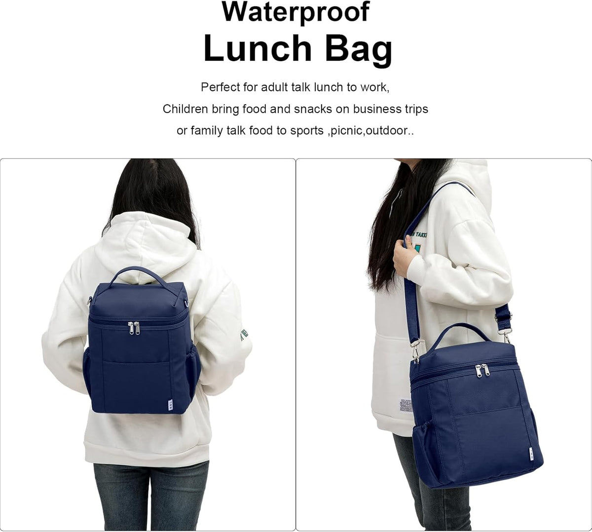 NOL Natural Organic Lifestyle Insulated Lunch Bags for Women Cooler Bag Lightweight Nylon Waterproof Lunch Box For Work (Navy blue, Large)
