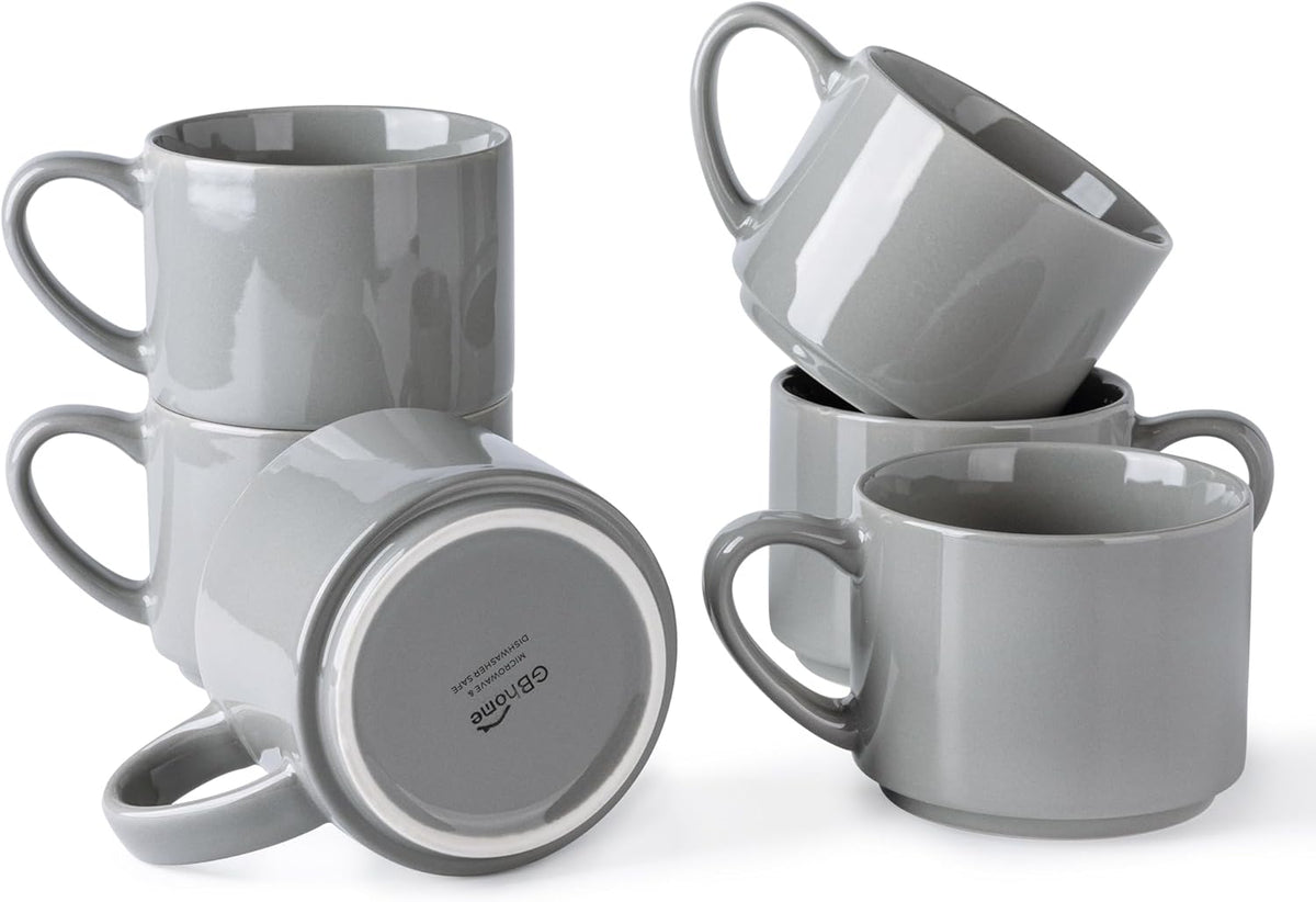 GBHOME 14OZ Stackable Ceramic Mugs Set of 6, Modern Coffee Mugs for Hot Drinks, Grey, 14 Fluid Ounces, 6 Count
