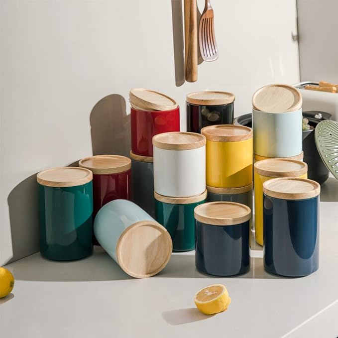 Sweejar Kitchen Canisters Ceramic Food Storage Jar, Stackable Containers with Airtight Seal Wooden Lid for Serving Ground Coffee, Tea, Sugar, Salt and More - 16 Fl Oz (Red)