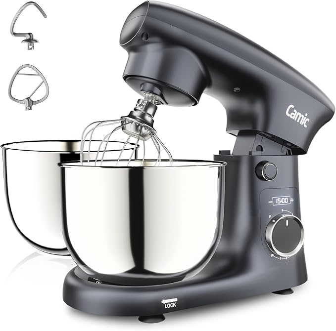 Camic Stand Mixer, 4.2QT+5.3QT Two bowls Electric Food Mixer, 10 Speeds with Digital setting 3-IN-1 Kitchen Mixer for Baking Cakes Cookie Bread Salad with Egg Whisk,Dough Hook,Flat Beater (Grey)