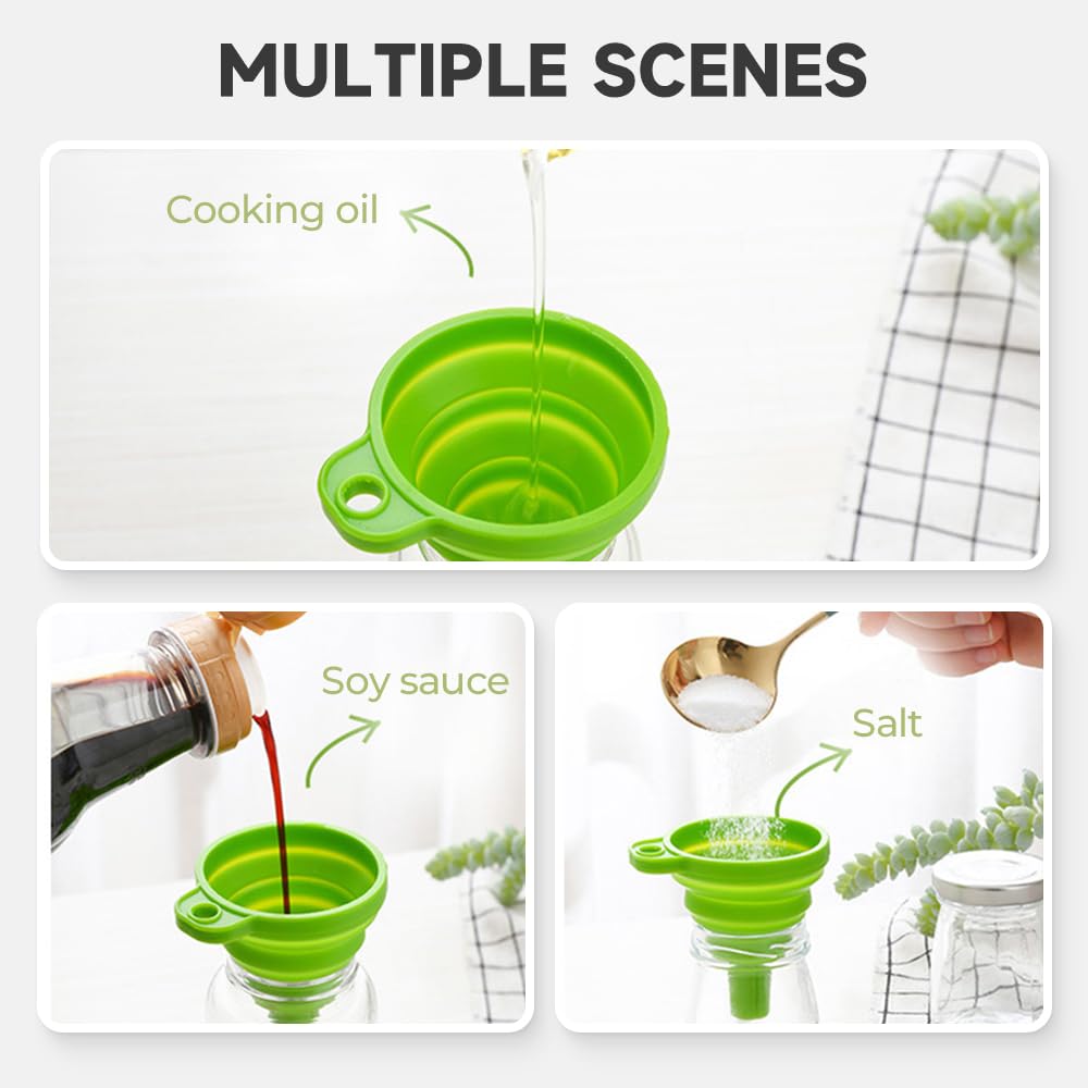 Kitchen Funnel Set, 2025 Upgrade Silicone Collapsible Funnel Silicone Collapsible Food Funnels for Kitchen 3 Sizes Funnels for Home Use Filling Bottles Daily Cooking (Green, 1Set 11+14+20g)