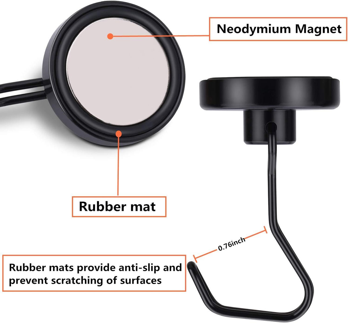 Magnetic Hooks 100LB Cruise Refrigerator Heavy Duty Neodymium Rare Earth Magnetic Hangers, Rubber Scratch-Resistant Base, Ideal for Indoor/Outdoor Hanging(Black 6Pack)
