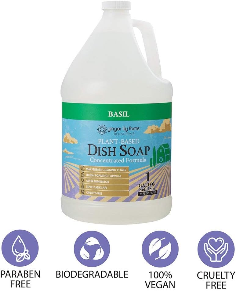 Ginger Lily Farms Botanicals Plant-Based Liquid Dish Soap, Concentrated Formula with Max Grease Cleaning Power, Cruelty-Free, Basil Scent, 1 Gallon Refill (128 Fl. Oz.) (Pack of 4)