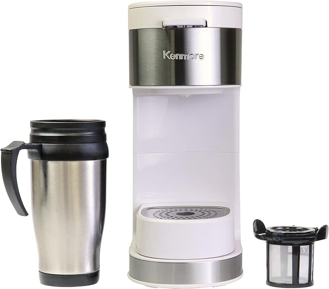 Kenmore Single Serve Coffee Maker – 6–12 Oz Brew Sizes, Compatible with Keurig K‑Cup Pods & Ground Coffee, One Cup Brewer, Travel Mug Friendly, Auto Shut‑Off, Hot & Iced maquina de cafe, White