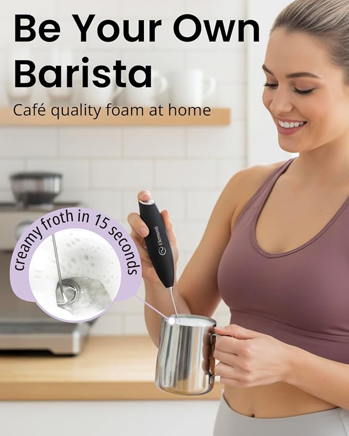 Elementi Milk Frother Wand & Drink Mixer with Stand - Turbo Milk & Coffee Frother Handheld - Hand Held Coffee Mixer Wand & Cold Foam Maker for Frothy Cappuccinos, Lattes & Drink Mixes (Lavender)
