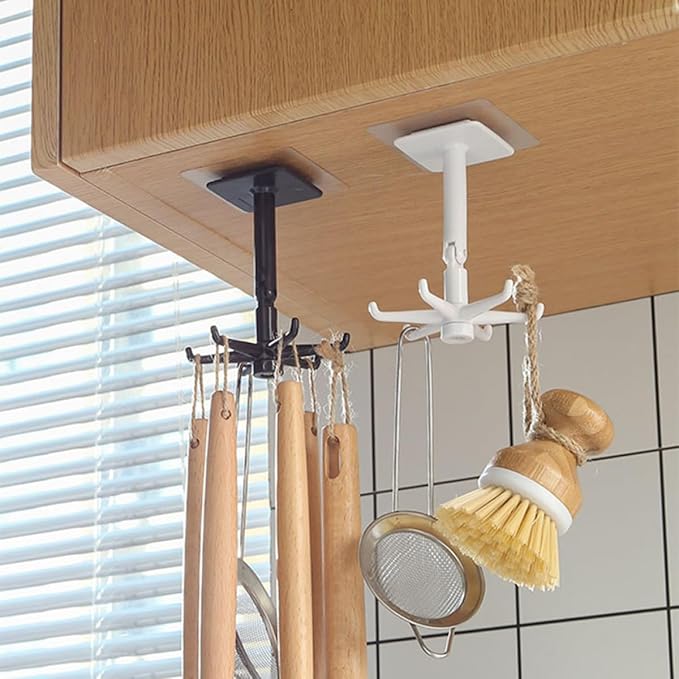 ARTIBETTER 4pcs Rotatable Kitchen Utensil Hooks Set, 360° Swivel Hanging Holders for Wall Under Cabinet Storage, Black and White Non-Drill Hooks for Space-Saving Organization
