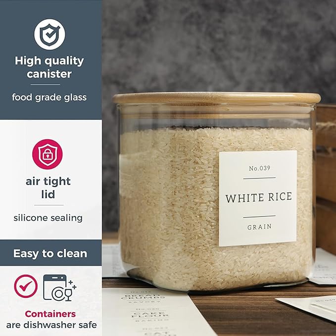 HHMJSM Large Glass Flour and Sugar Containers with 42 Kitchen Pantry Labels - 85 Oz Glass Food Storage Containers with Airtight Lids - Square Glass Jars with Bamboo Lids for Rice, Pasta, Cookies
