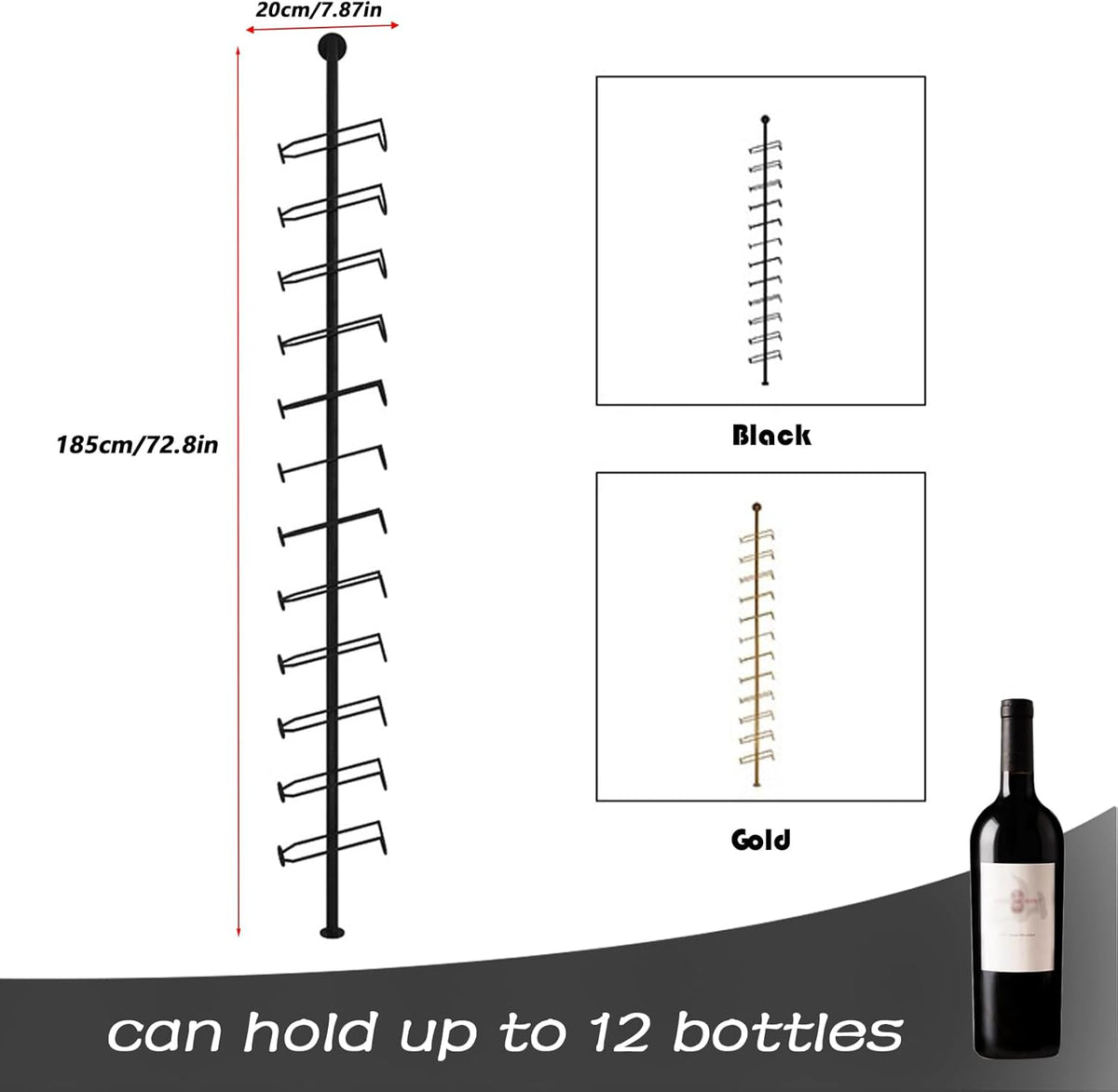 Wine Rack Wall Mounted, 72.8in High Metal Wine Bottle Holder for 12 Bottles, Kitchen Organization and Wine Storage for Commercial Restaurants Pantry Bar Wine Cellar (Gold, six rows-72 Bottles)