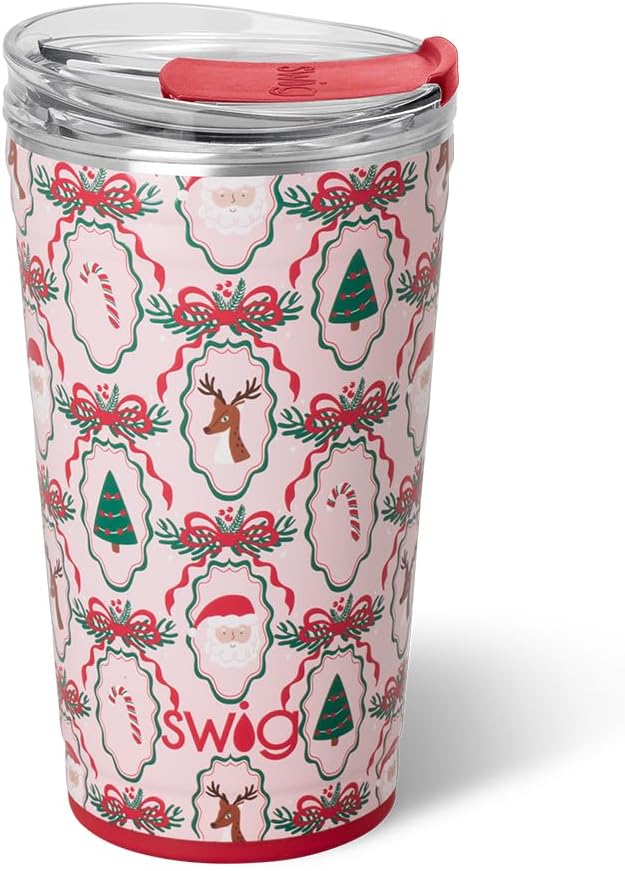 Swig Life 24oz Party Cup, Stackable Insulated Travel Coffee Tumbler with EZ Slider Lid, Cup Holder Friendly Travel, Stainless Steel 24 oz Tumbler, Reusable Mug (Christmas Cameos)
