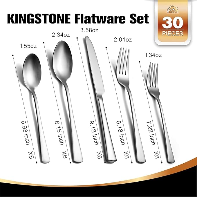 KINGSTONE 30-Piece Silverware Set, 18/10 Stainless Steel Flatware Set for 6, Matte Satin Finish Forged Cutlery Set Dishwasher Safe